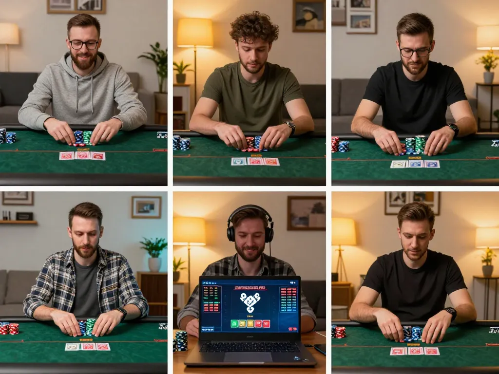 Players engaging in a lively online poker session at 789WIN, each showcasing their unique home setups and game strategies.