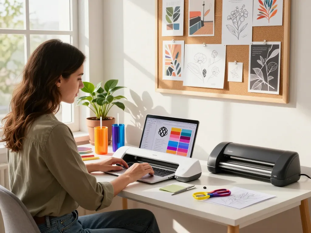Designer working with Cricut on colorful Svg files, crafting tumblers in a bright workspace.