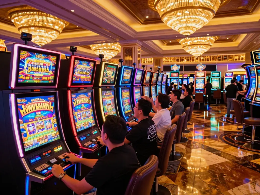 Players enjoying link slot machines amid vibrant casino lights and action.