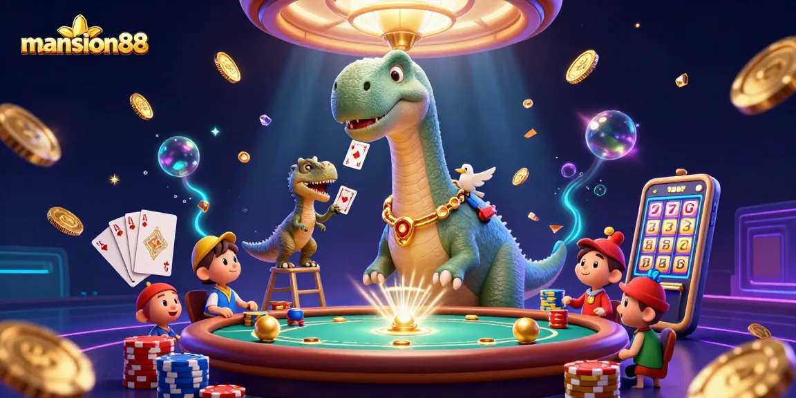 Bet on mansion88 with a large cartoon brontosaurus overseeing an exciting casino scene.
