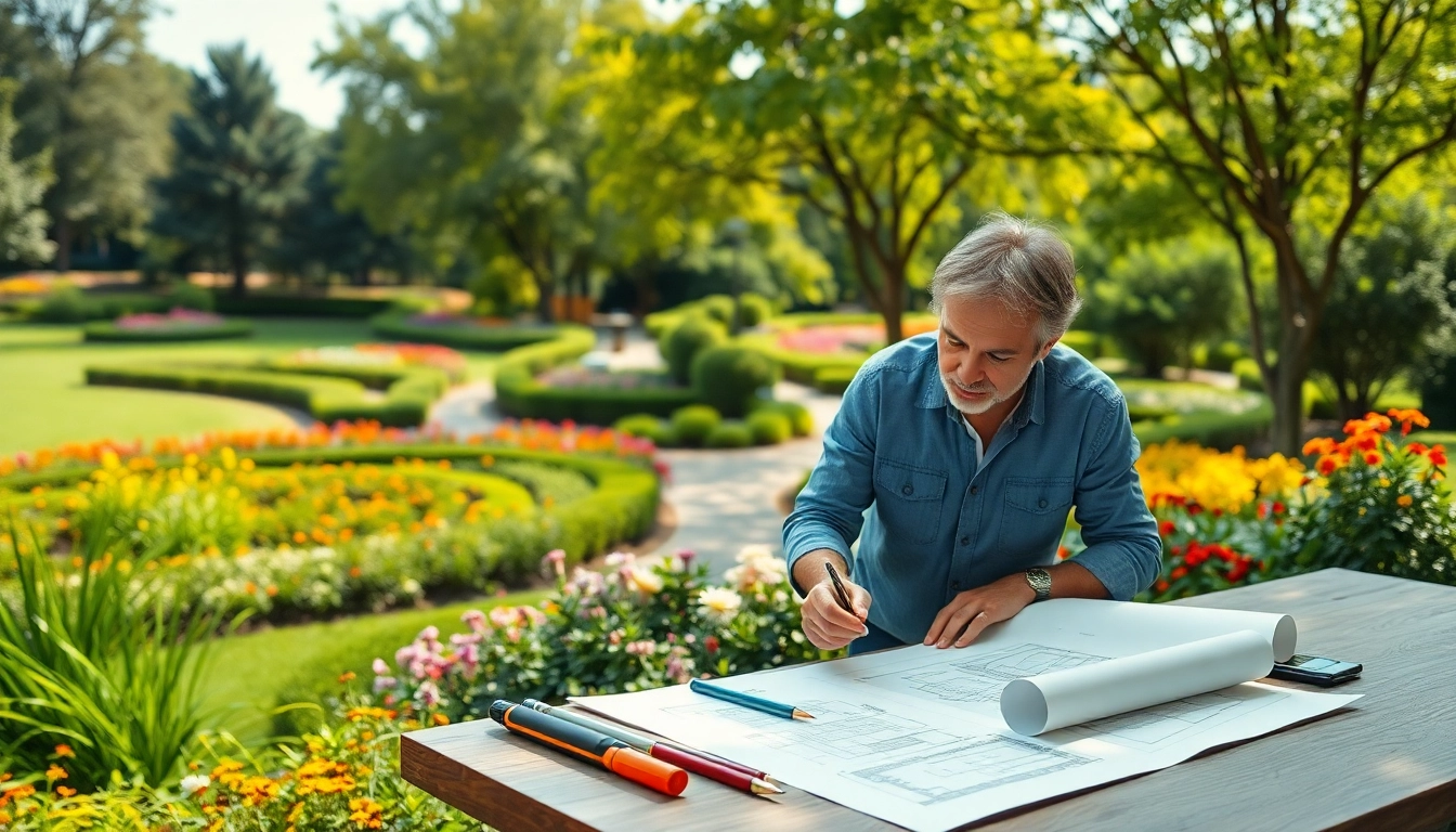 Landscape architect designing a vibrant outdoor space with sketches and tools.