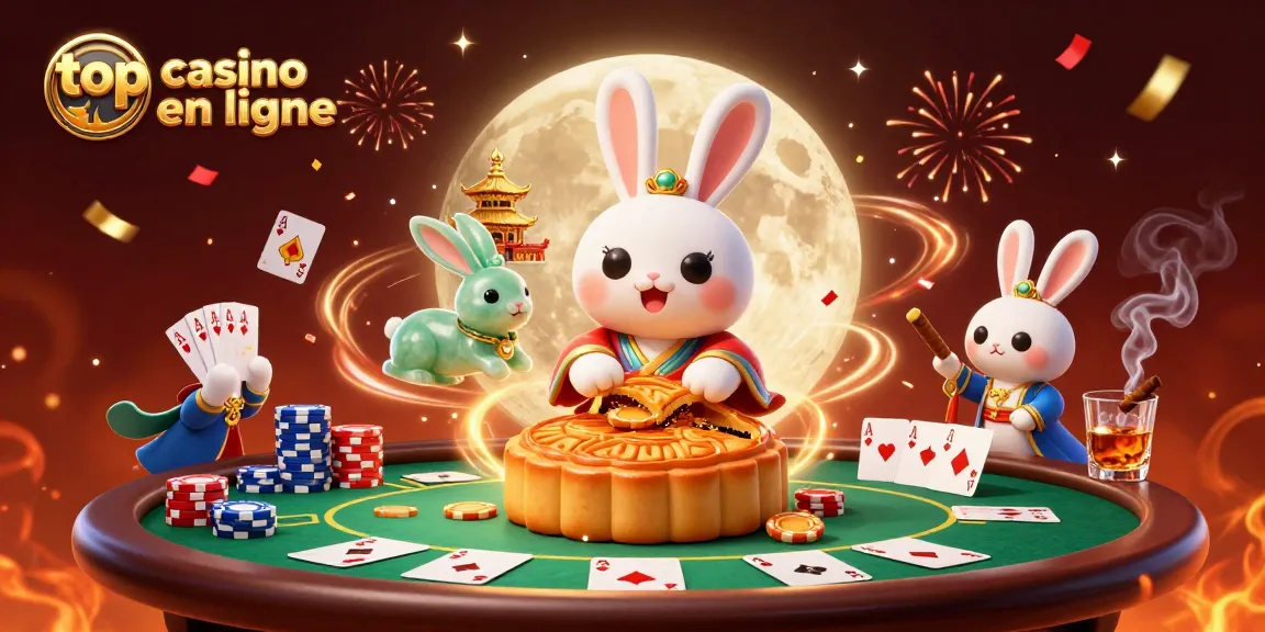 Découvre le top casino en ligne avec des jeux sous un lapin de lune qui frappe des gâteaux en or et révèle des jetons de poker.