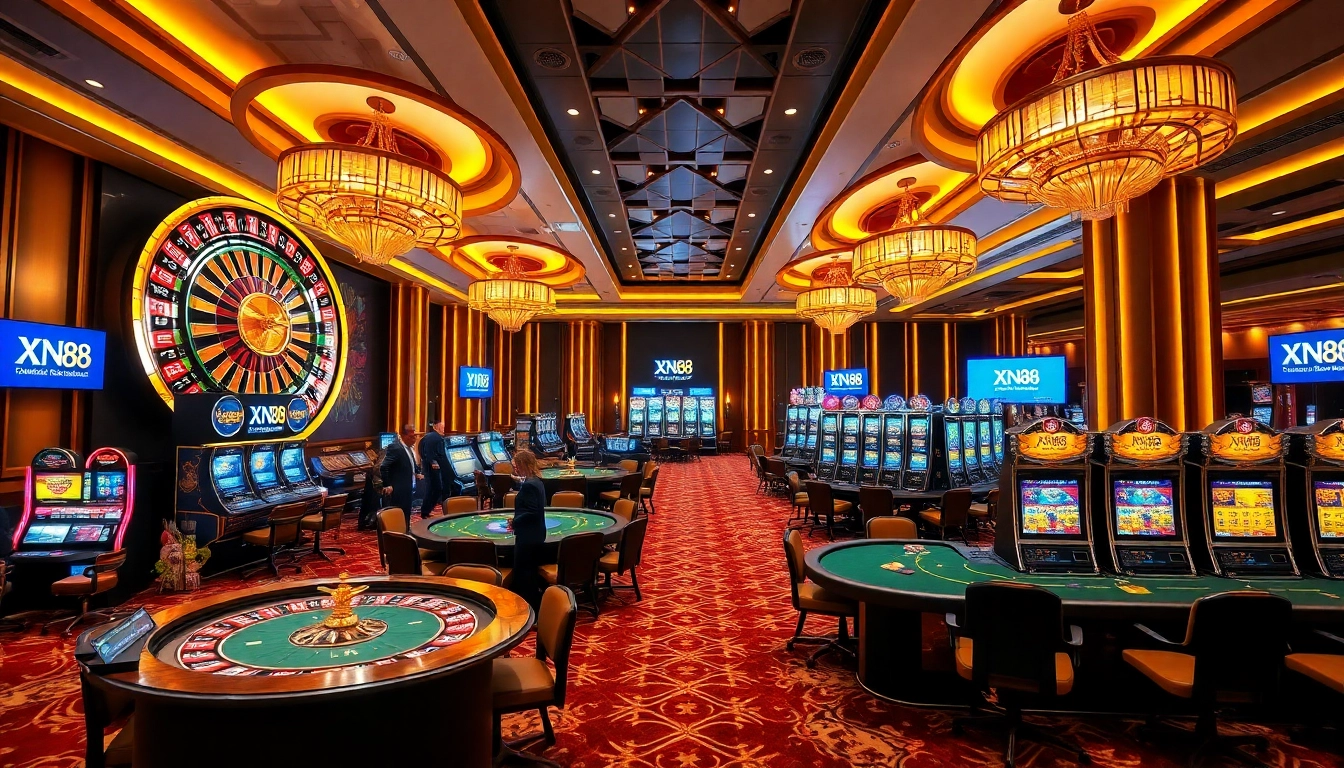 Experience the thrill of XN88 with vibrant casino action at luxurious poker tables and slot machines.