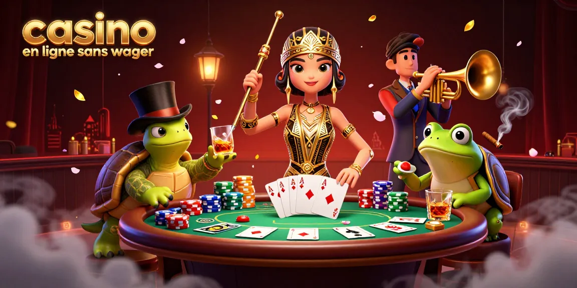 Illustration captivante de casino en ligne sans conditions de mise, montrant des personnages amusants et des éléments de poker en fête.