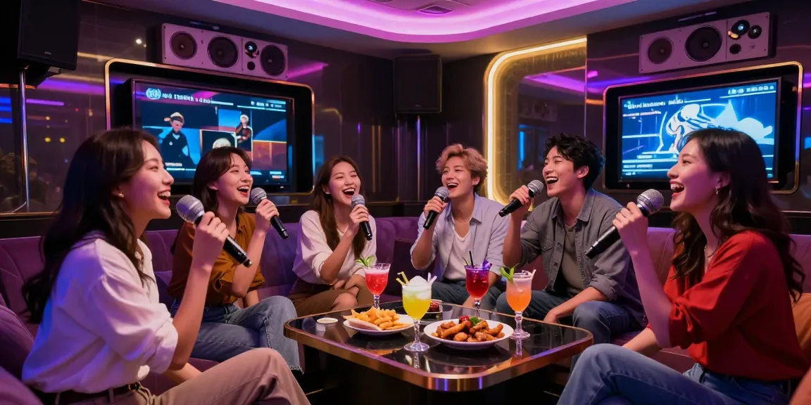 강남가라오케에서 즐겁게 노래하며 웃고 있는 친구들, 고급스러움이 느껴지는 프라이빗 룸에서의 모습입니다.
