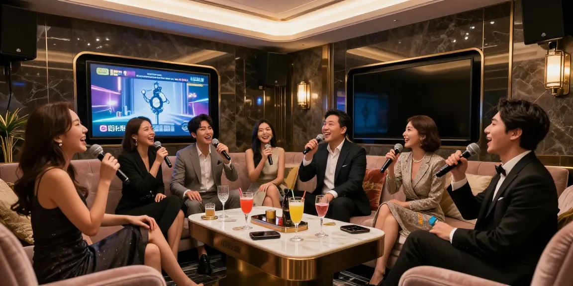 강남쩜오 더마이크룸의 고급스러운 프라이빗 노래방 공간과 고객들의 즐거운 분위기