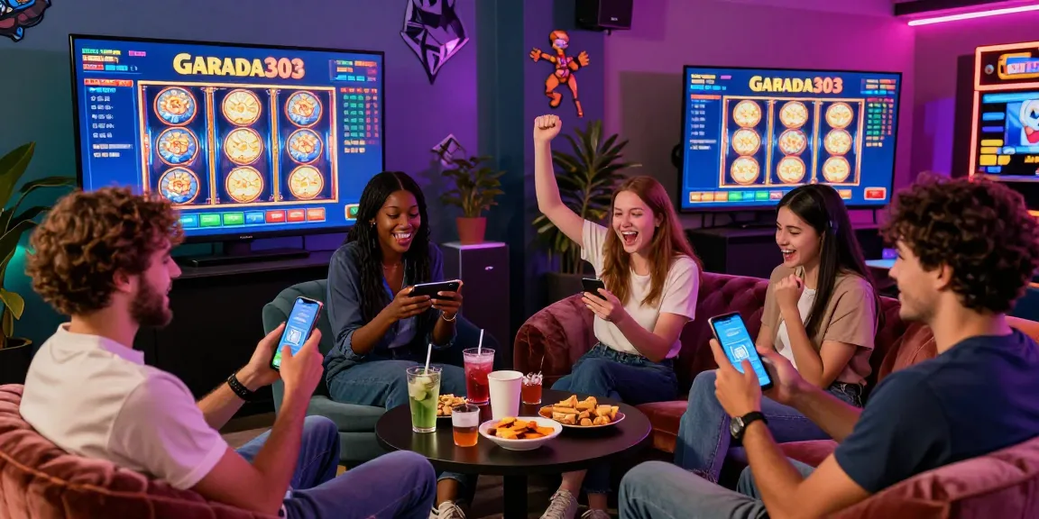 Friends enjoying garuda303 slot games together in a vibrant online casino atmosphere with neon lighting.