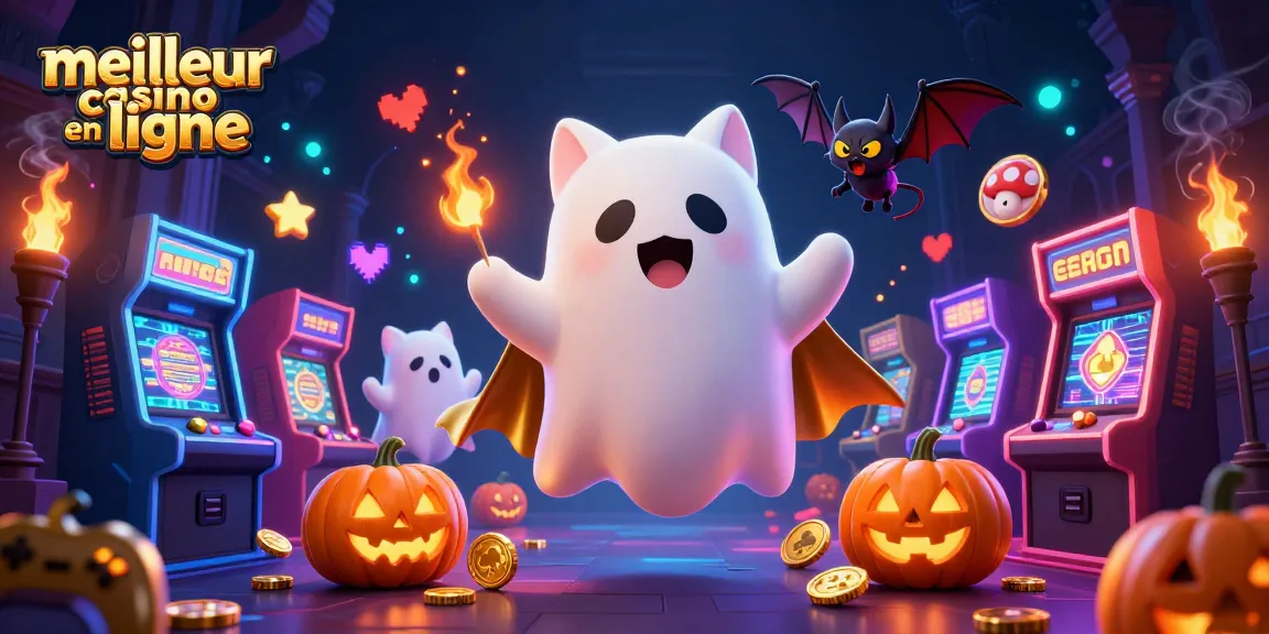 Découvrez le meilleur casino en ligne avec un chat fantôme et un vampire dans une scène animée de casino.