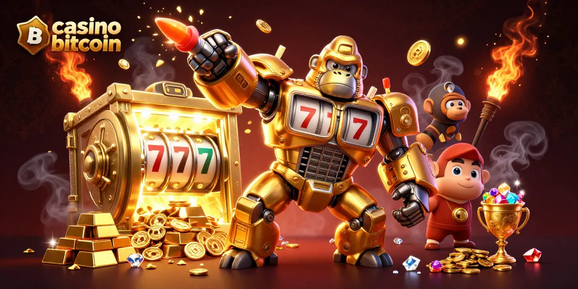 Vinci con il casino bitcoin mentre il gorilla meccanico esplode in gettoni e gemme preziose.