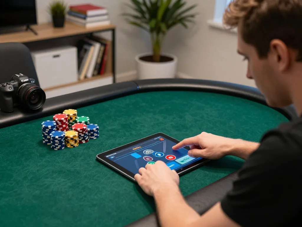 KQBD online poker game in progress with a player focused on strategy and colorful chips.