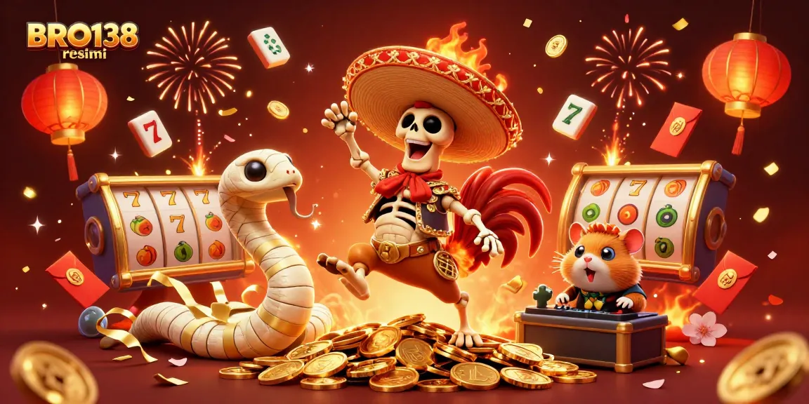Celebrate winning spins at BRO138 resmi with a vibrant scene of characters dancing on golden coins.