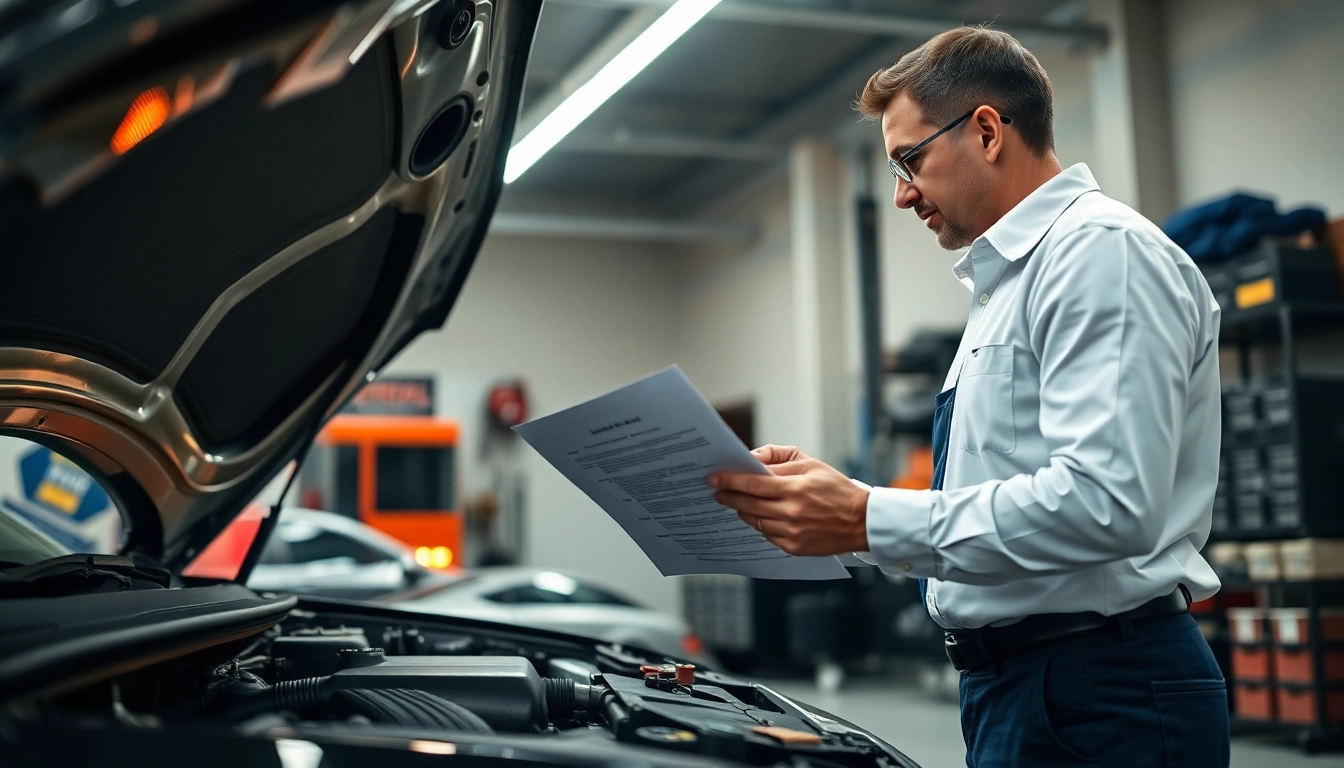 Evaluate extended car warranty for used cars with a mechanic in a bright garage setting.