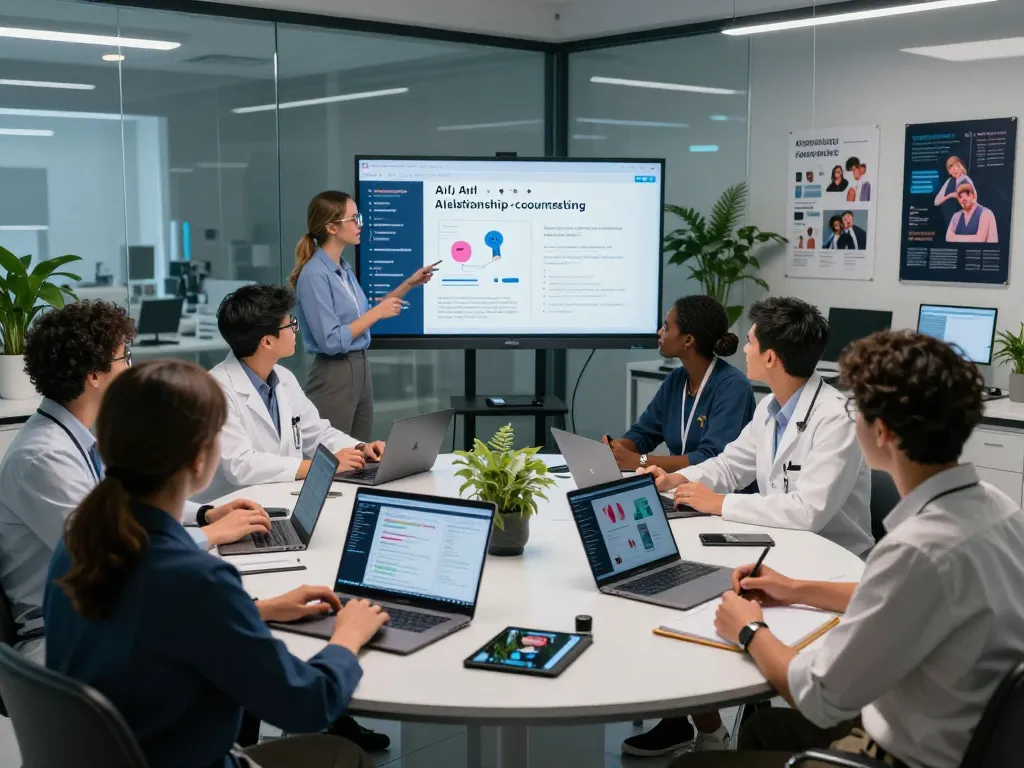 Collaborative research team in AI-focused lab discussing sexual health innovations using sex ai technologies.