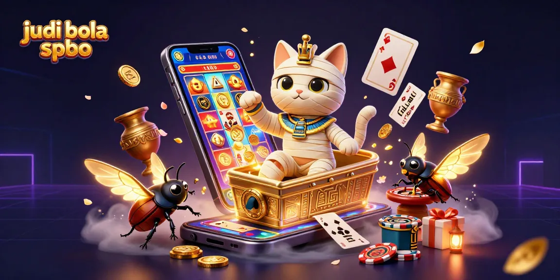 Experience judi bola spbo with an energetic 3D illustration of a mummy cat and casino elements.