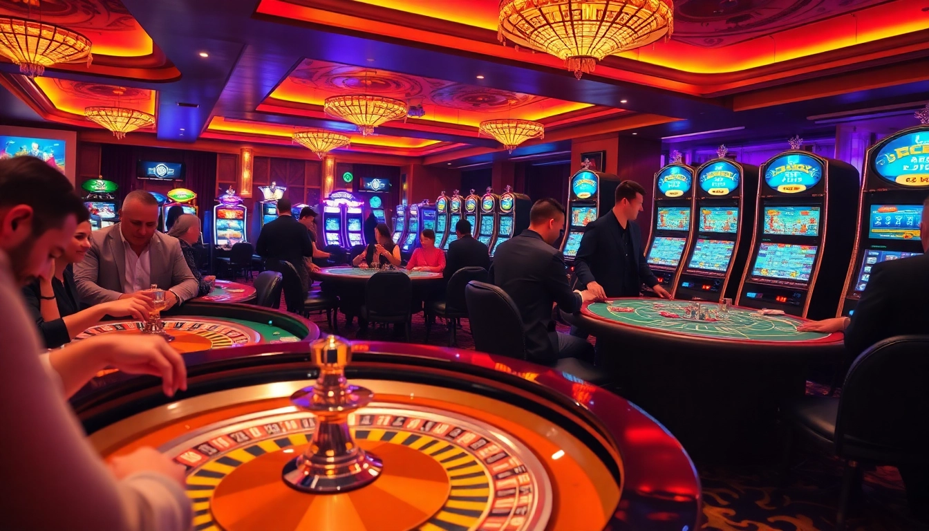 Exciting แทงบอลโลก betting scene in a luxurious casino with vibrant tables and engaged players.