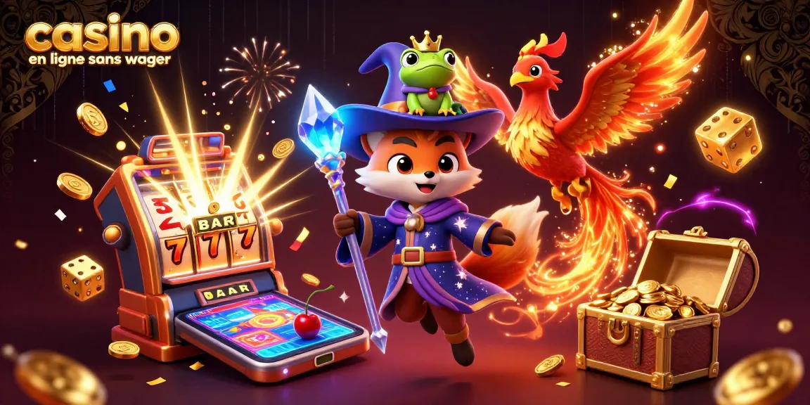 Jouez dans un casino en ligne sans wager avec une illustration de machine à sous vibrante et magique.