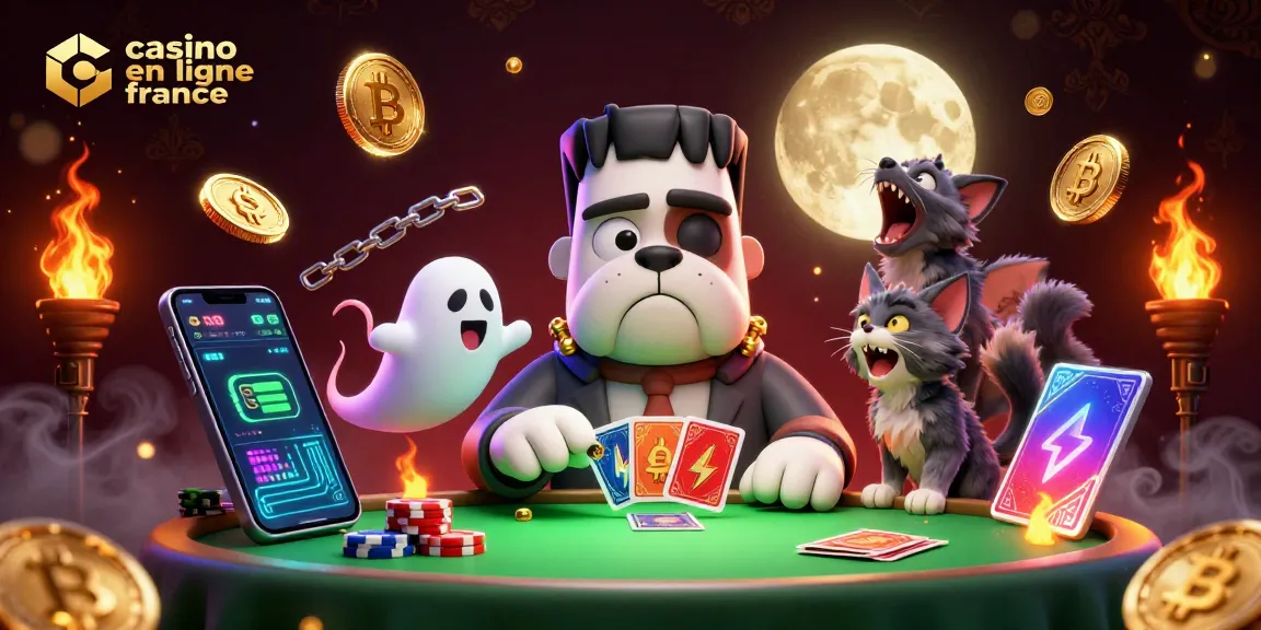 Illustration d'un casino en ligne France avec un bulldog joueur, des pièces de crypto et une ambiance mystérieuse.