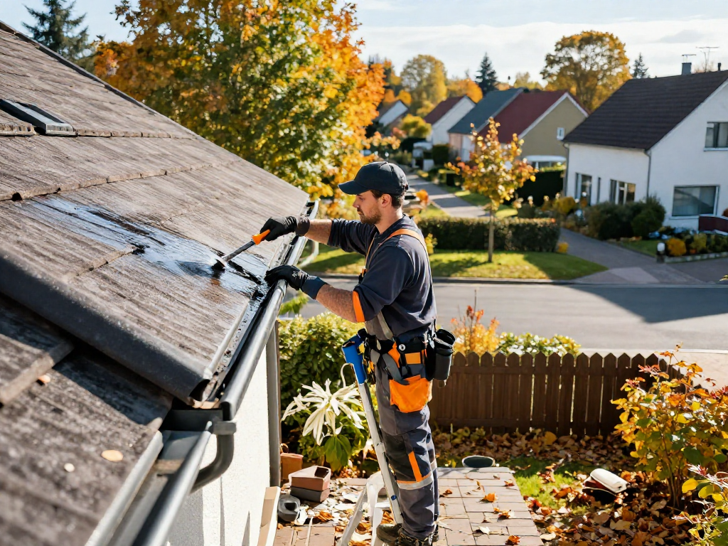 Dachrinnenreinigung Firma in Dortmund: Techniker reinigt gründlich Dachrinnen in einem Wohngebiet während des Herbstes.