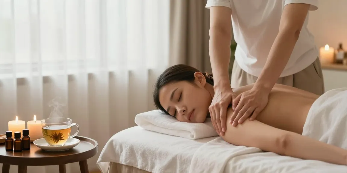 스웨디시 마사지 중인 여성의 편안한 분위기와 아로마 오일이 있는 스파 환경