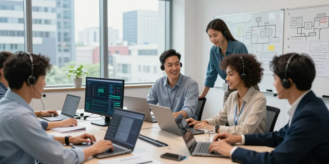 Business IT support team collaborating in a modern office with high-tech devices and lively atmosphere.