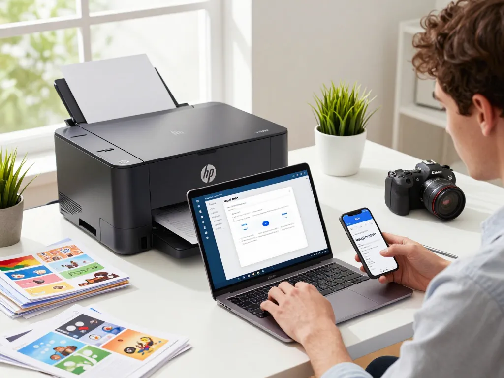 Smart printer in a modern home office with documents, vibrant atmosphere, and tech-savvy individual.