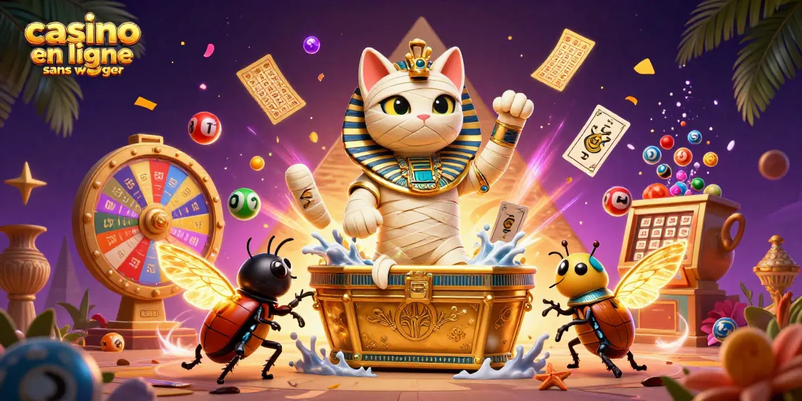 Illustrez vos jeux avec casino en ligne sans wager, mettant en avant un chat momie égyptien au milieu de boules de loterie colorées.