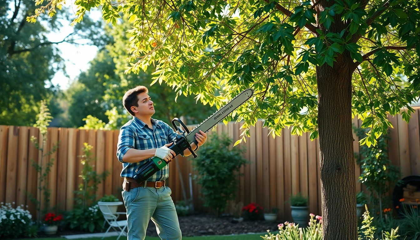Gardener using the best electric pole saw for efficient tree trimming in a vibrant backyard.