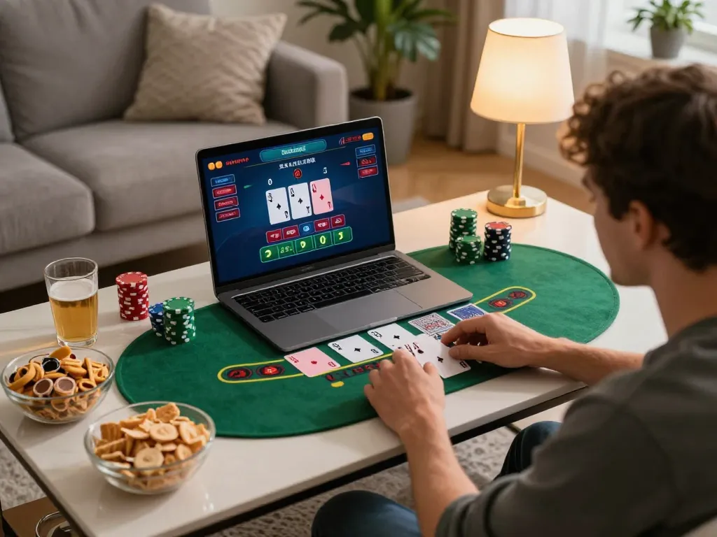 Engaging in online blackjack gameplay at home with DH88, featuring dynamic dealer interaction and cozy surroundings.