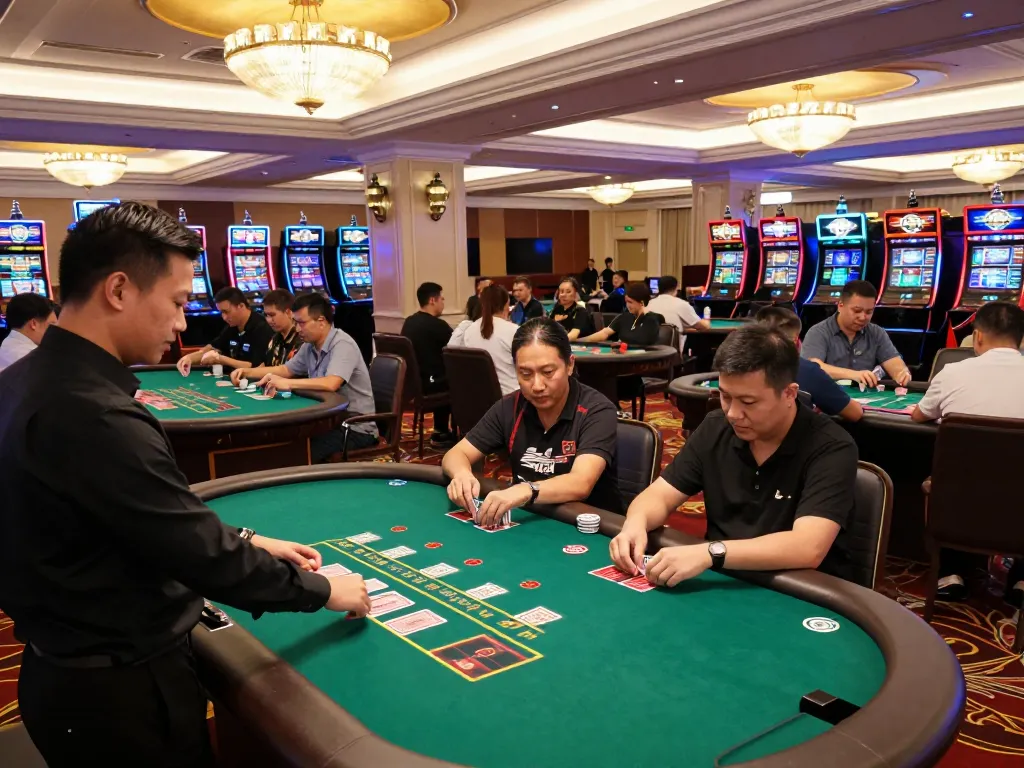 Players enjoying blackjack at a bustling casino while using F168 đăng nhập for a thrilling experience.