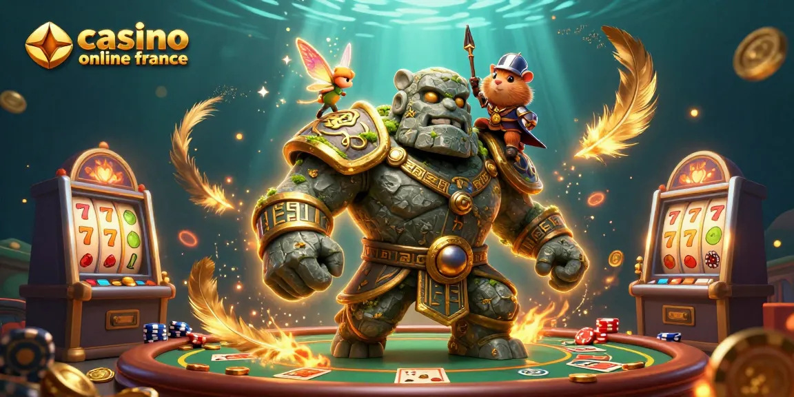 Le golem gardien interagit avec une fée et un hamster chevalier dans un casino en ligne dynamique en France