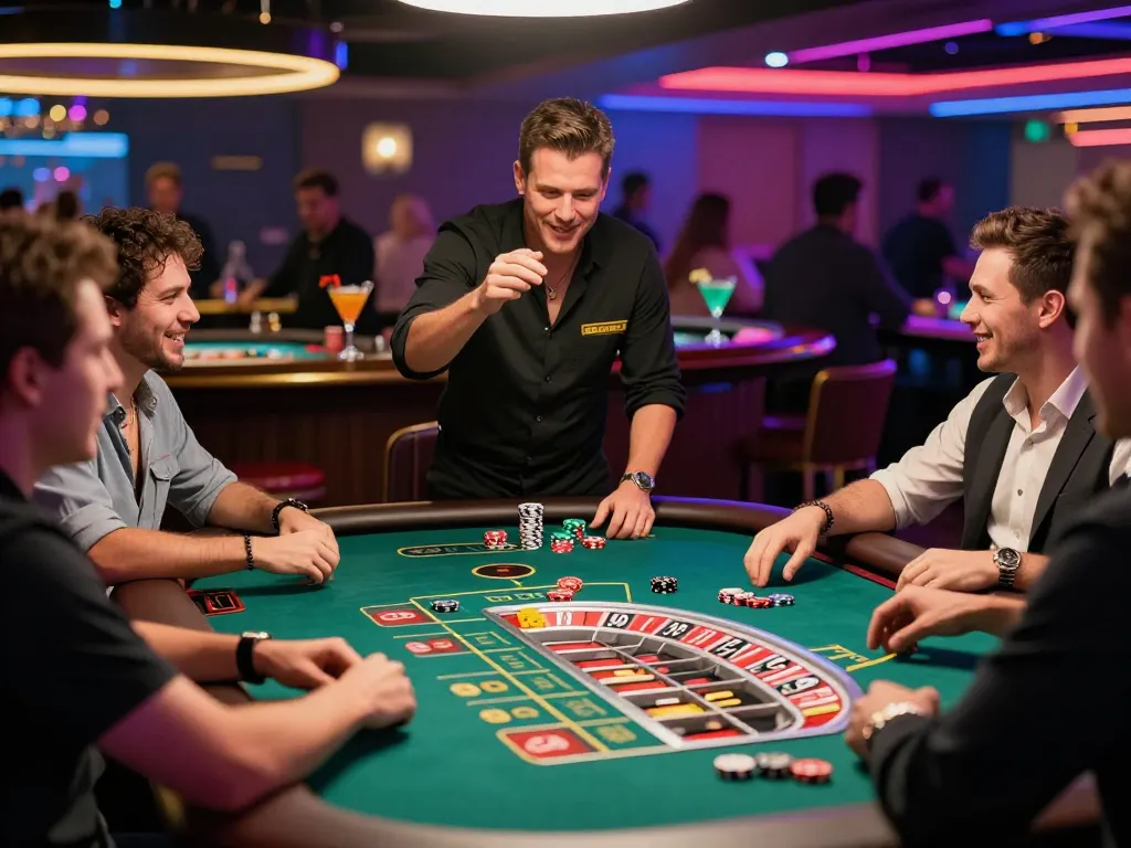 Exciting live casino atmosphere at bong99 with players and dealer engaging at the roulette table.