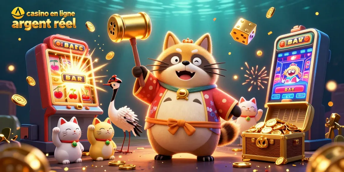Illustration dynamique sur le thème du casino en ligne argent réel avec un tanuki et des symboles de jeu.