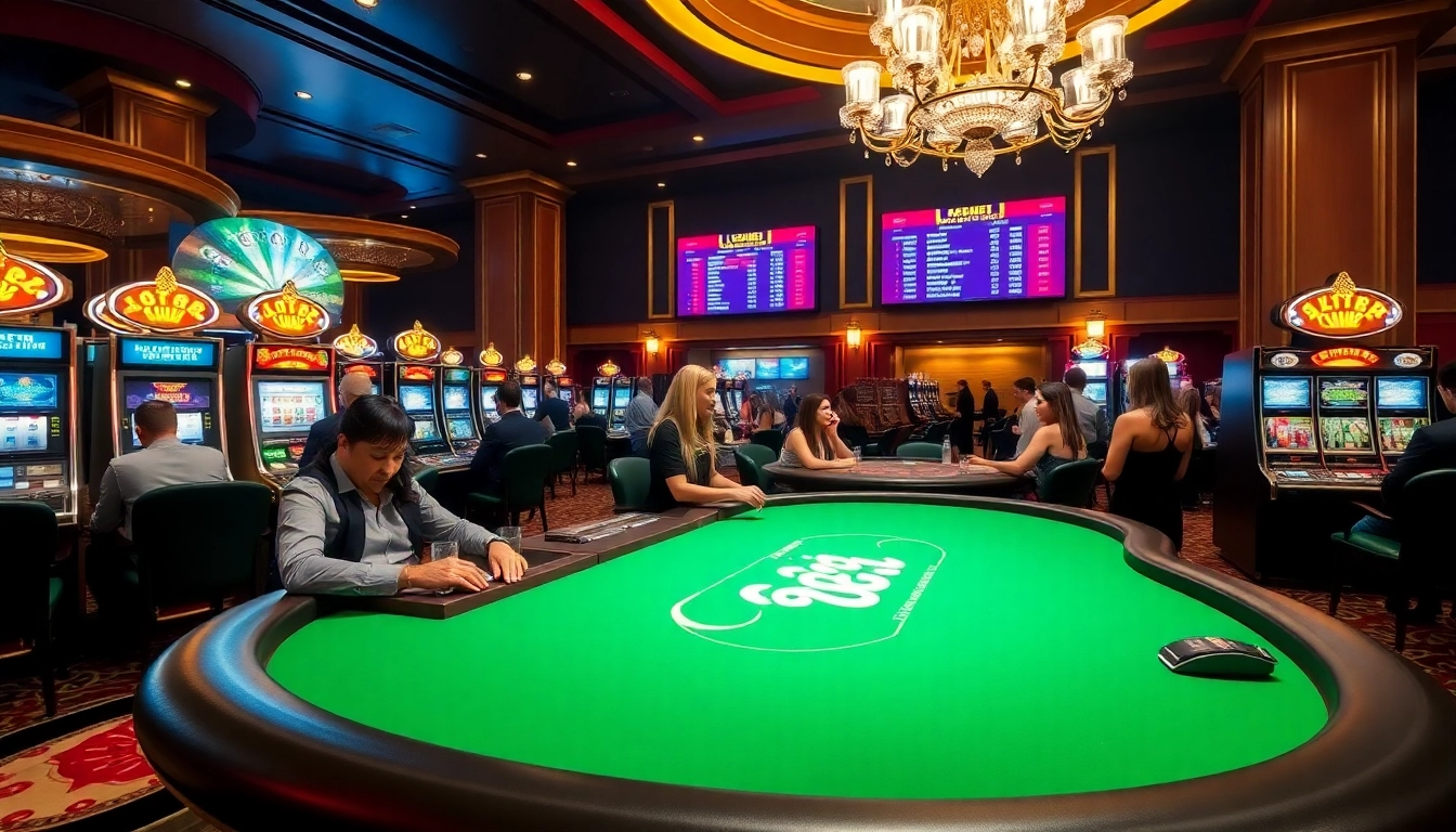 Players enjoy thrilling games at the LC88 casino with vibrant slot machines and luxurious poker tables.
