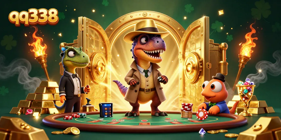 Experience thrilling gameplay with qq338 under dynamic casino lights featuring iconic dinosaurs.