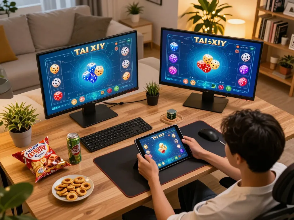 Tai xiu game being played on a tablet in a cozy home office, showcasing elegant betting options and vibrant graphics