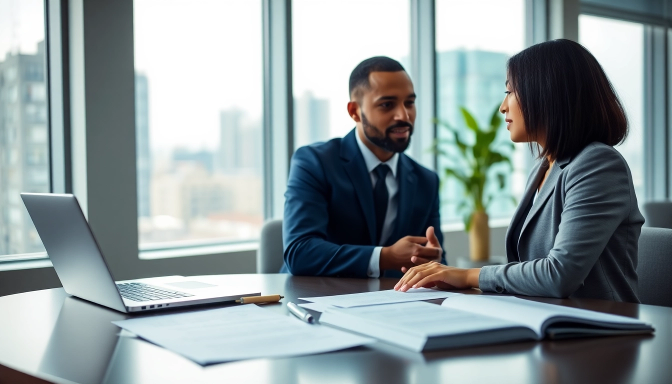 Couple discussing Family Law Financial Agreements with documents in a modern office.