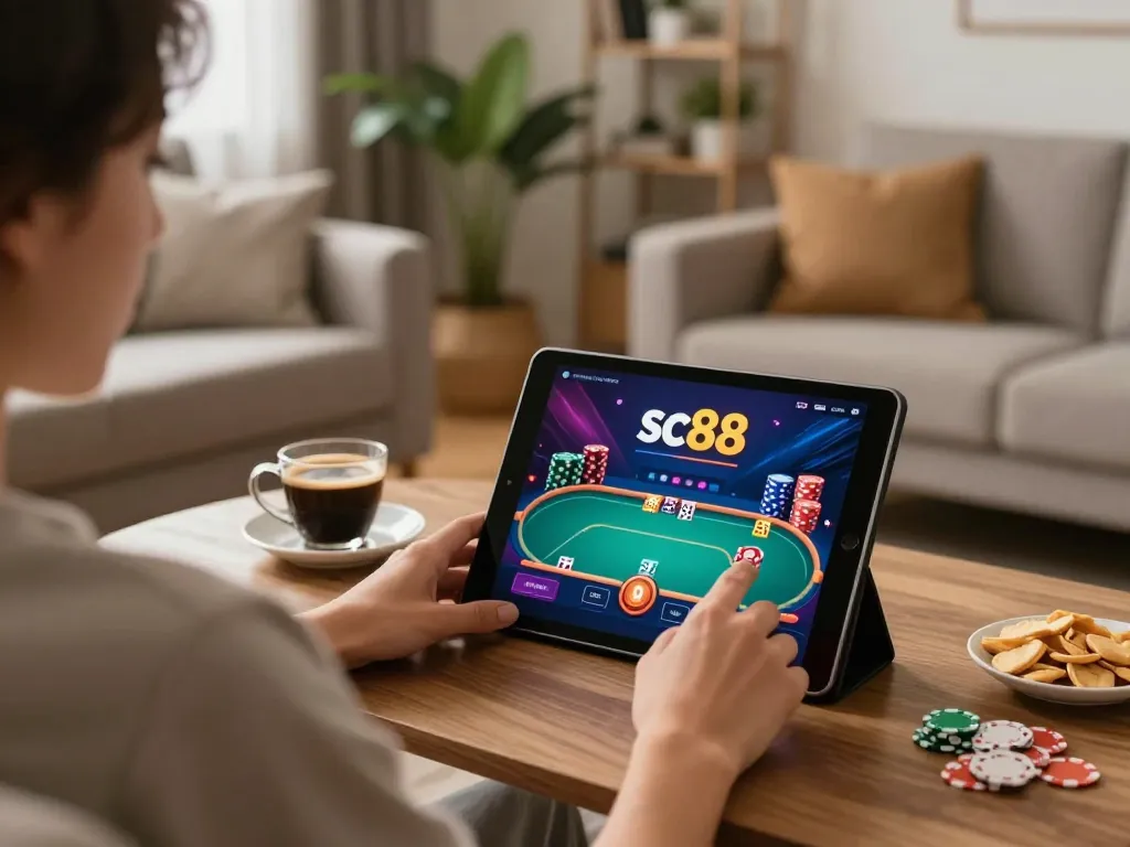 Engaging with sc88's poker interface on a tablet in a cozy home setting