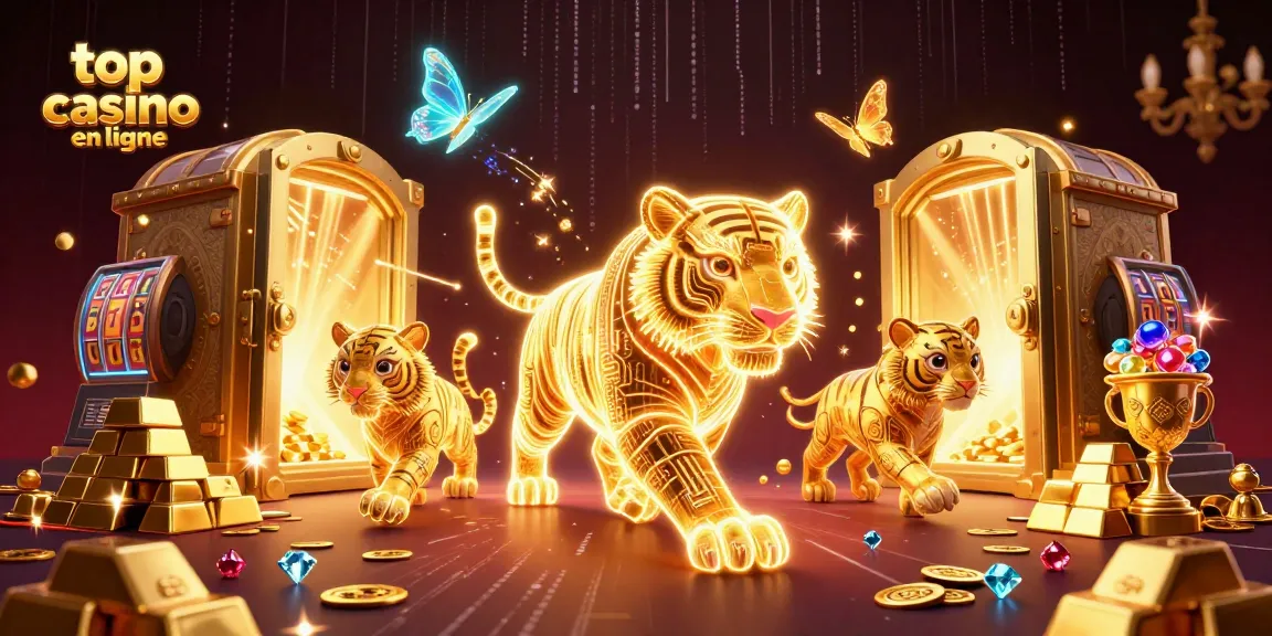 Jouez au top casino en ligne avec des tirages de succès et un tigre en or dans un paysage numérique.