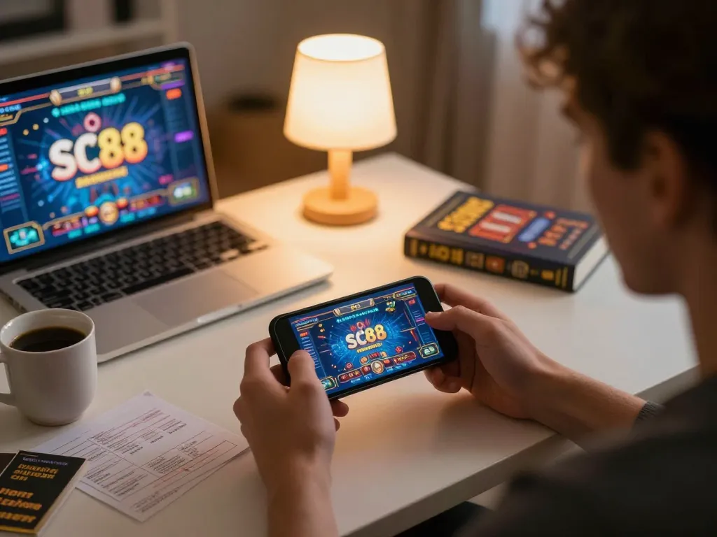 Engaging scene of a player immersed in SC88 casino gaming on their smartphone, showcasing vibrant graphics.