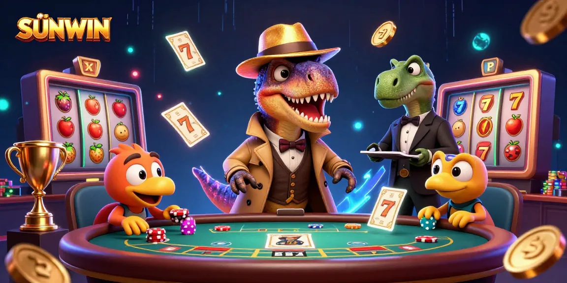 SUNWIN captivates with a thrilling scene of a velociraptor at blackjack, amidst vibrant gaming elements and a stegosaurus pit boss.