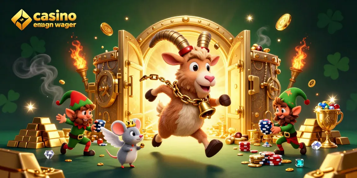 Illustration dynamique de casino en ligne sans wager avec un Krampus et un ange, mettant en avant des jetons et des trésors.