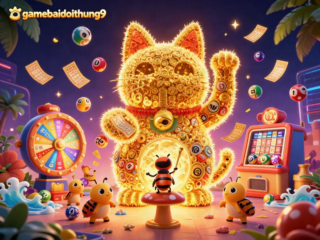 Explore the vibrant world of gamebaidoithuong9, featuring a lucky cat surrounded by colorful casino symbols.