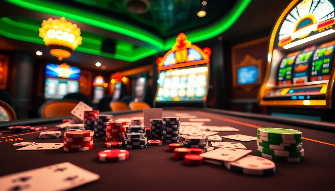 Experience the excitement of GG88 with a dynamic casino scene featuring cards and slot machines.