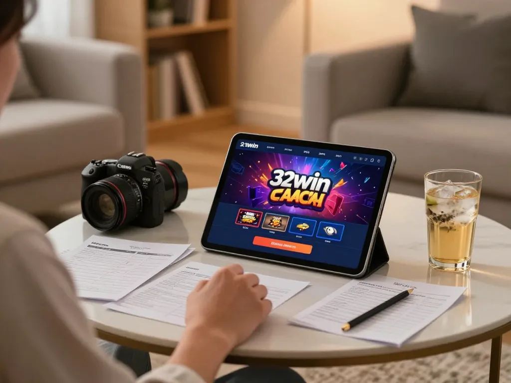 Engaging online gaming experience with 32win app on tablet during a cozy home setup.