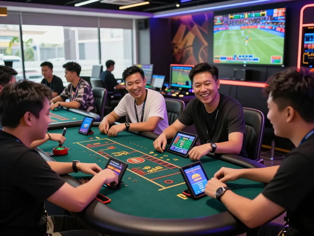 Dynamic gambling scene at trang chủ SC88 showcasing excited players and vibrant gaming interfaces in a modern online casino atmosphere.