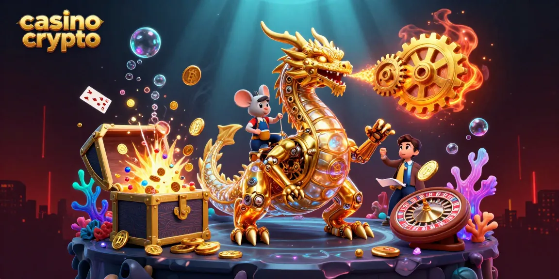 Un dragon doré mécanique dans un casino crypto, entouré de trésors et de jeux de cartes.