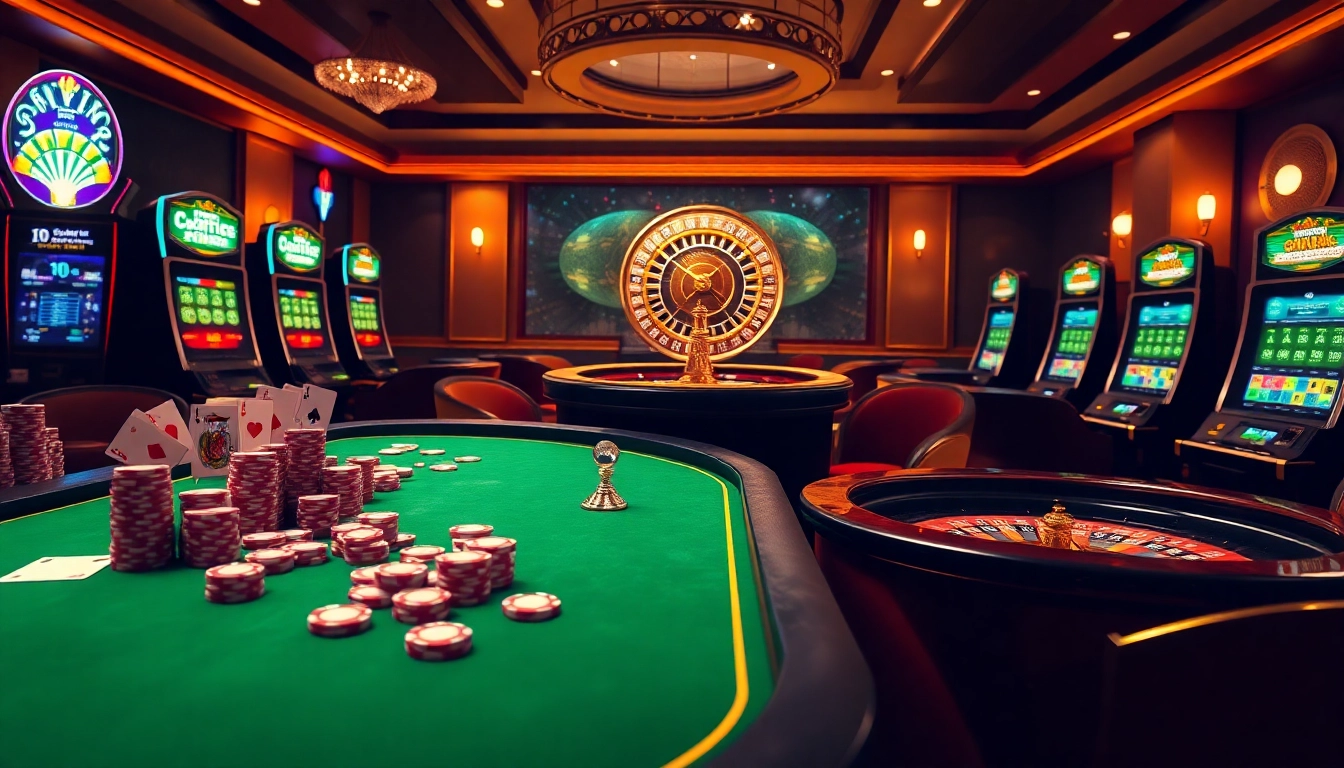 Interface de jeu Casino en ligne présentant des tables, des cartes et une roue de roulette vibrantes.