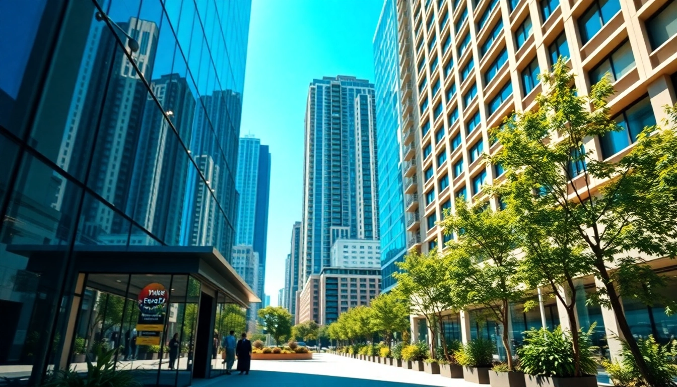 Showcase real estate property with modern architecture and vibrant urban backdrop.