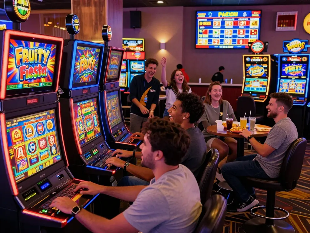 Pemain yang merasakan permainan situs slot di kasino yang ramai dengan kegembiraan dan mesin berwarna-warni.