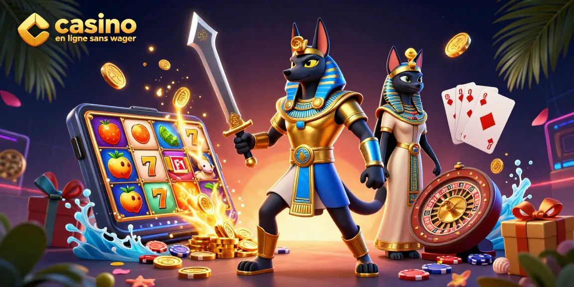 Capturez l'excitation de jouer à un casino en ligne sans wager avec Anubis et Bastet, entourés de jeux et d'or.